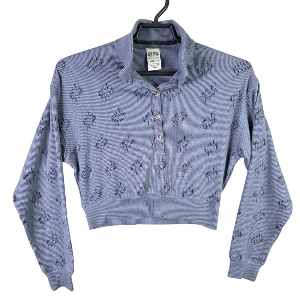 Womens Victorias Secret Pink Sleepwear Blue Crop Top Waffle Knit Long Sleeve XS